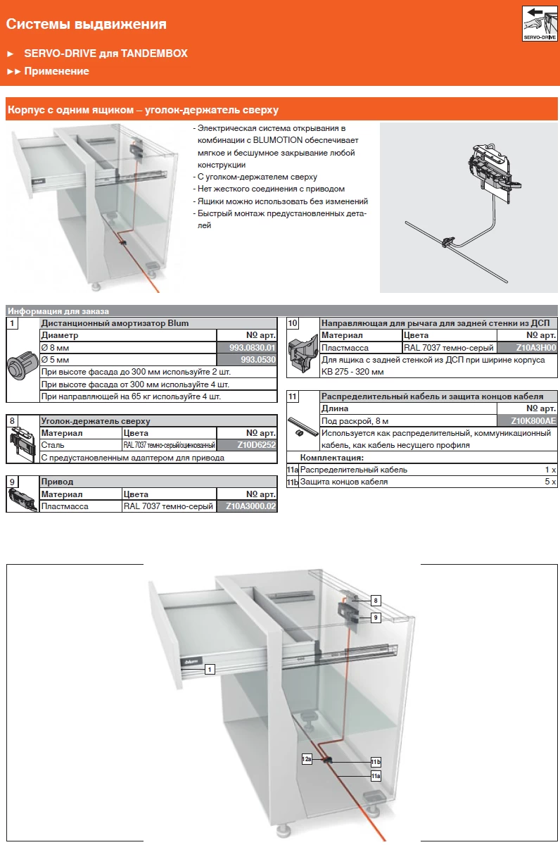 Комплектность SERVO-DRIVE для верхнего ящика, уголок держатель сверху.