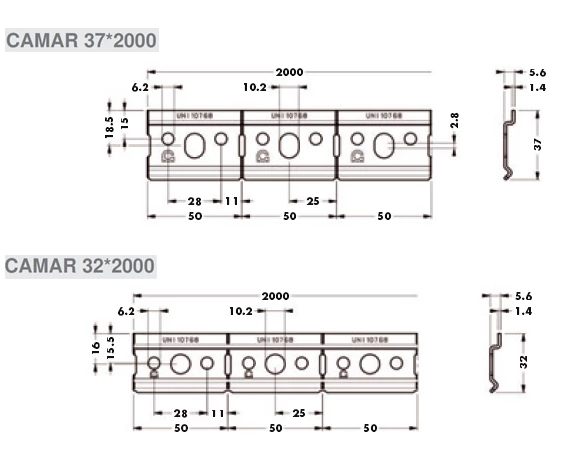 Планка для завес CAMAR 32*2000 арт. 874 32P, 37*2000 арт. 873 37P  размеры