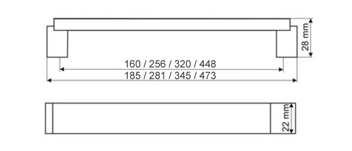 Размеры, чертеж ручки US48-RP9016, белый глянцевый с ошлифованными ребрами. Gamet Modern RITTO.