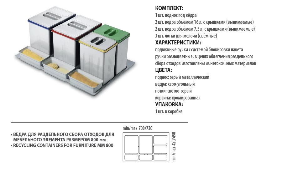 Характеристики контейнера для раздельного сбора  мусора.  Inoxa Divisione Plast 97DA/8022.