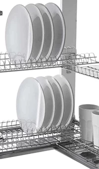Сушка угловая, двухуровневая Inoxa Draining Racks 704  из нержавеющей стали. Вид внутри.